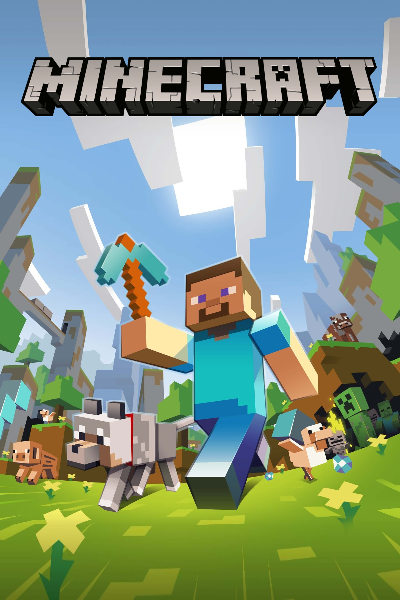 Minecraft characters running underneath the Minecraft logo